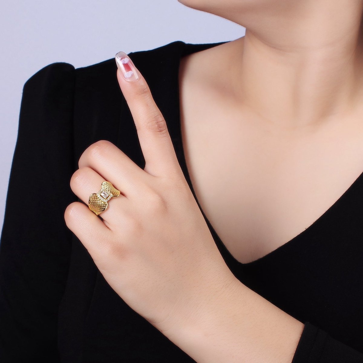 14K Gold plated Baguette CZ Micro Paved Rhombus Filigree Wide Ring | O1353 - DLUXCA