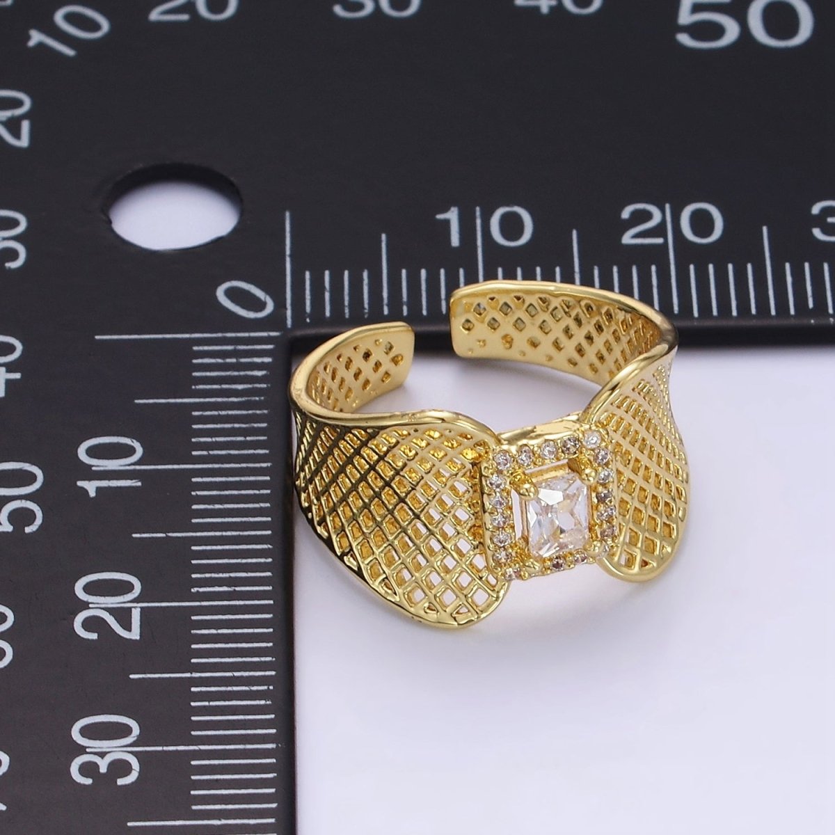 14K Gold plated Baguette CZ Micro Paved Rhombus Filigree Wide Ring | O1353 - DLUXCA