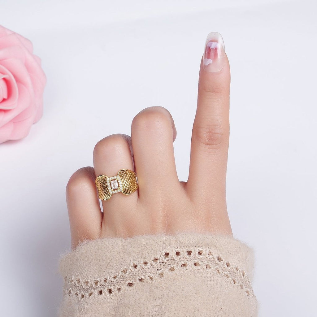 14K Gold plated Baguette CZ Micro Paved Rhombus Filigree Wide Ring | O1353 - DLUXCA
