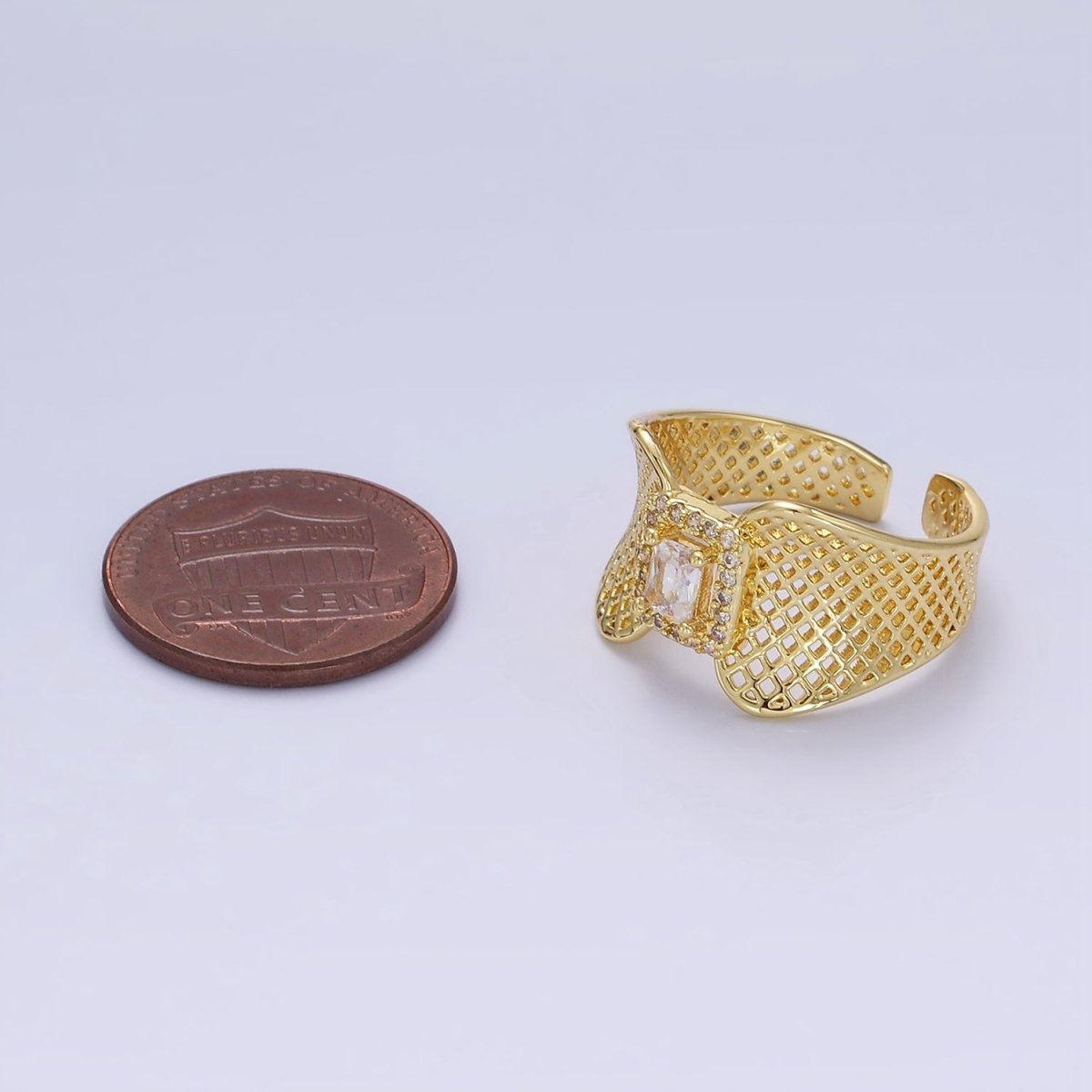 14K Gold plated Baguette CZ Micro Paved Rhombus Filigree Wide Ring | O1353 - DLUXCA