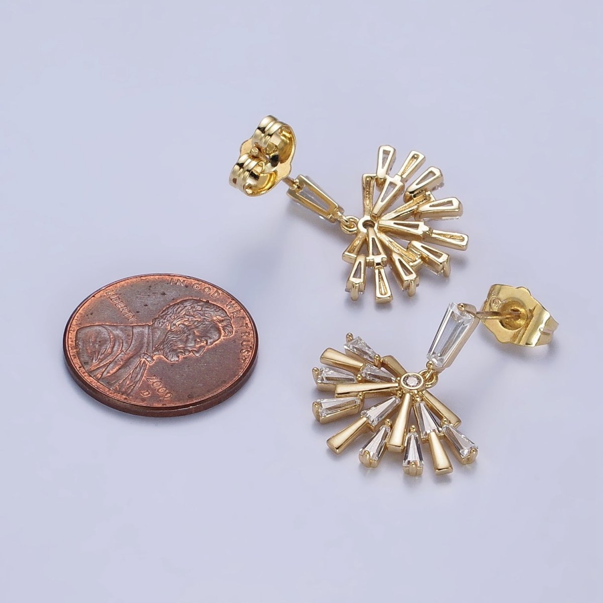 14K Gold plated Baguette Fan Drop Dangle Clear Stud Earrings | AB334 - DLUXCA