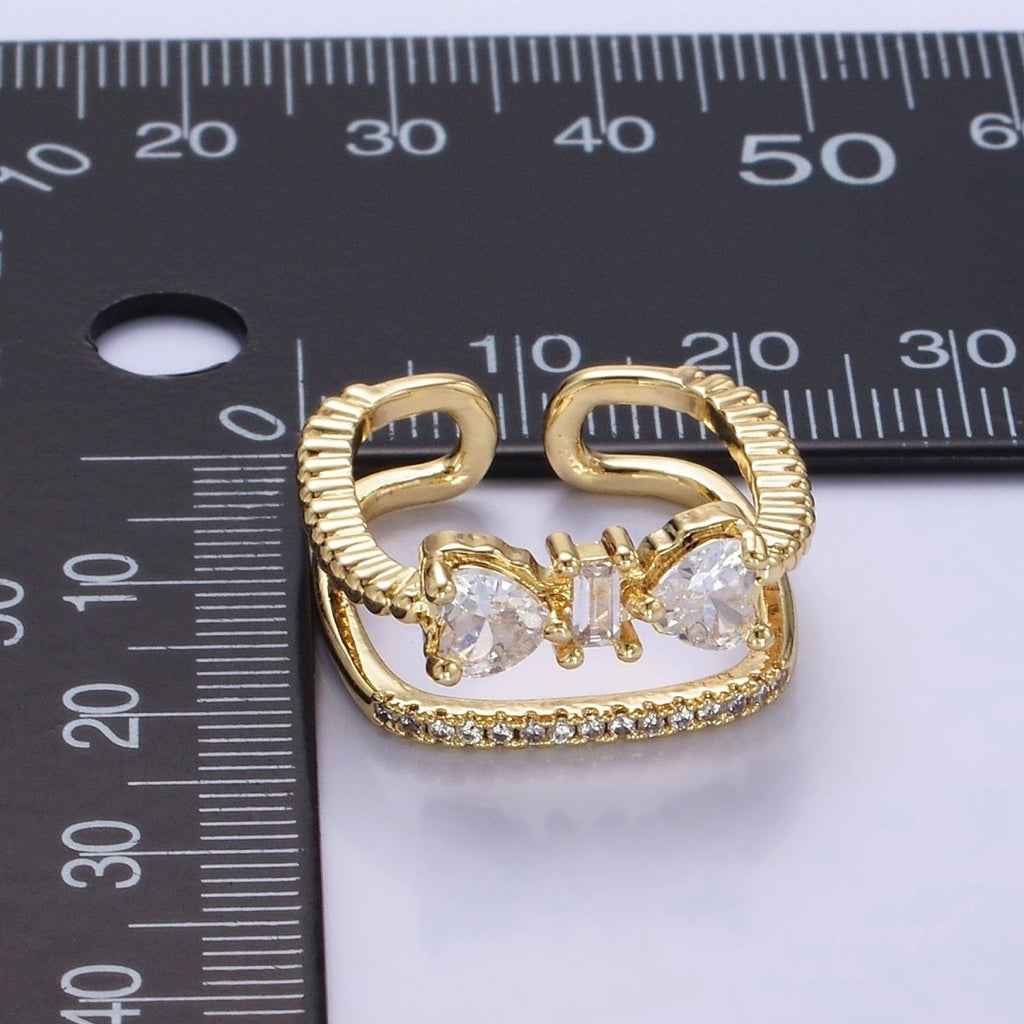 14K Gold plated Baguette Heart CZ Micro Paved Double Band Ring | O1380 - DLUXCA