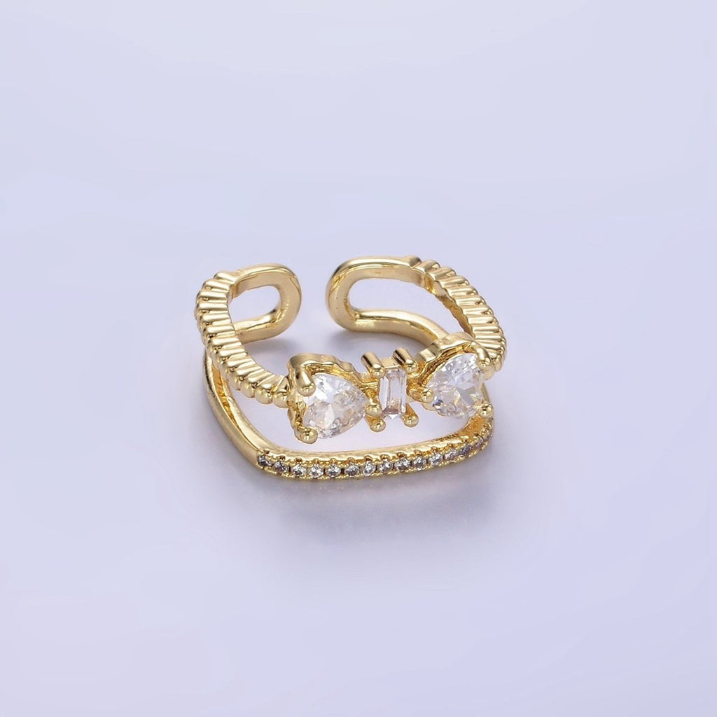 14K Gold plated Baguette Heart CZ Micro Paved Double Band Ring | O1380 - DLUXCA