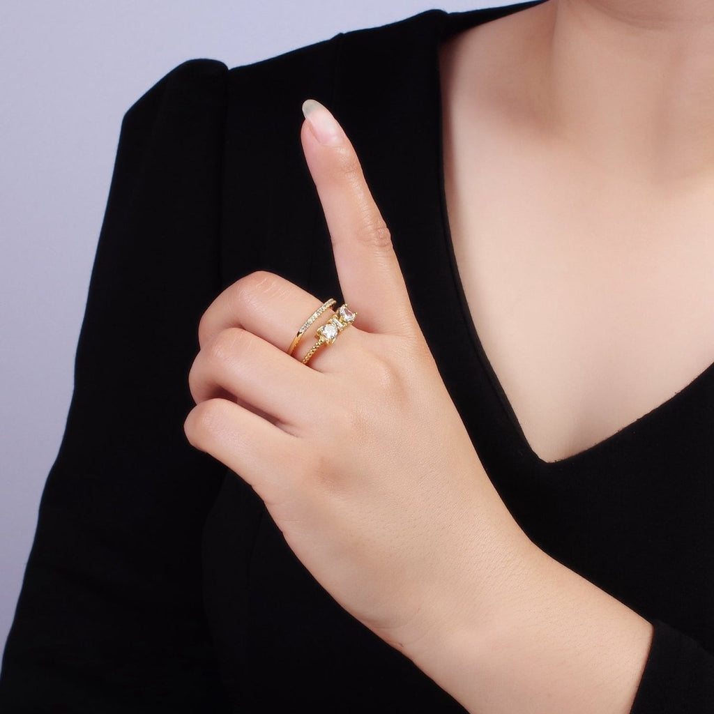 14K Gold plated Baguette Heart CZ Micro Paved Double Band Ring | O1380 - DLUXCA