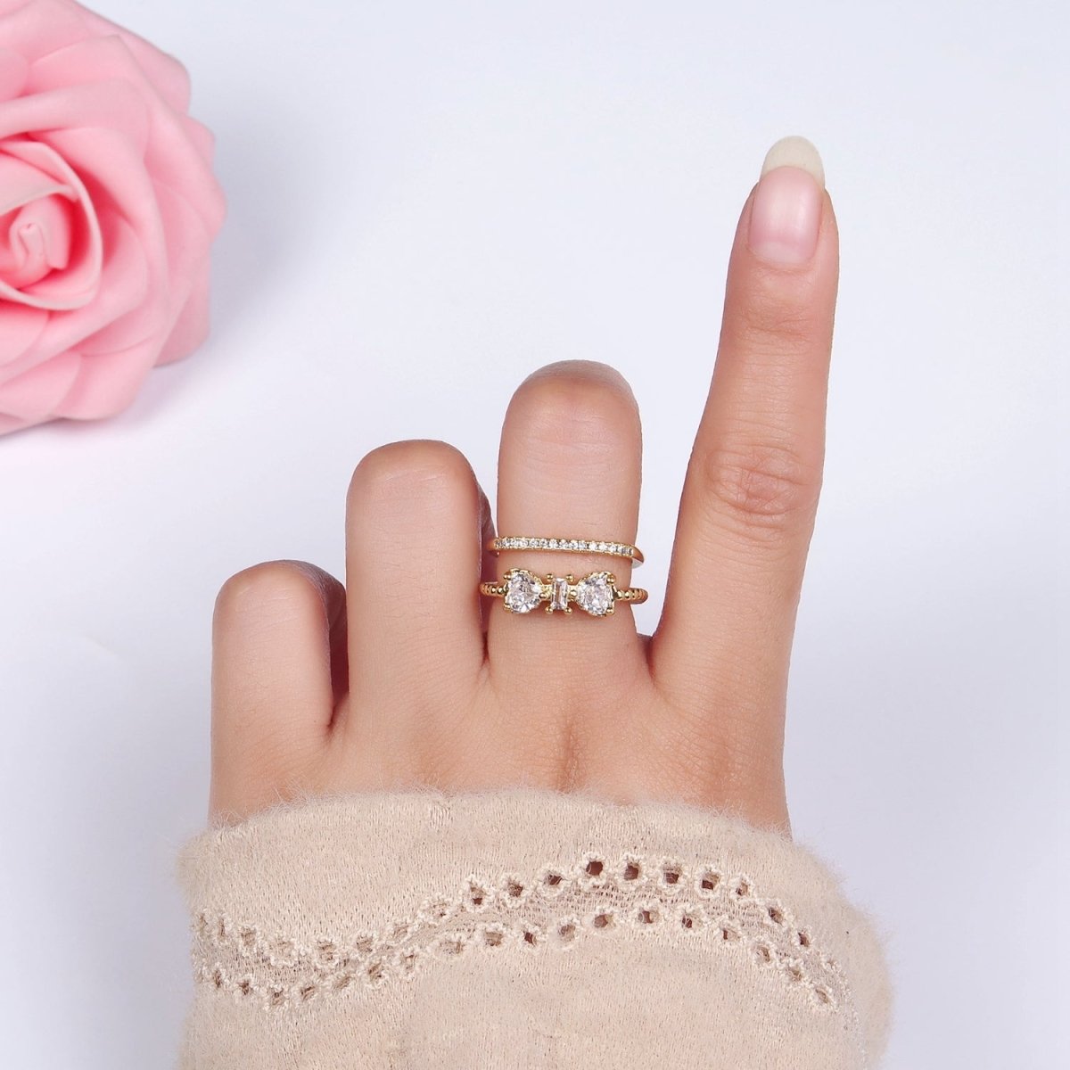 14K Gold plated Baguette Heart CZ Micro Paved Double Band Ring | O1380 - DLUXCA