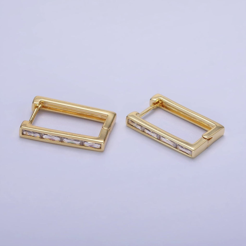 14K Gold plated Baguette Lined Square Hoop Earrings | AE521 - DLUXCA