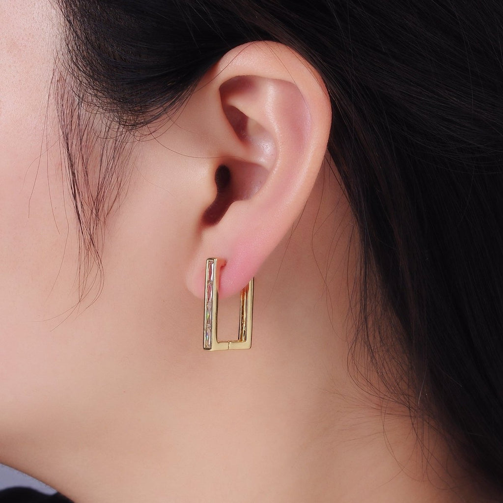 14K Gold plated Baguette Lined Square Hoop Earrings | AE521 - DLUXCA
