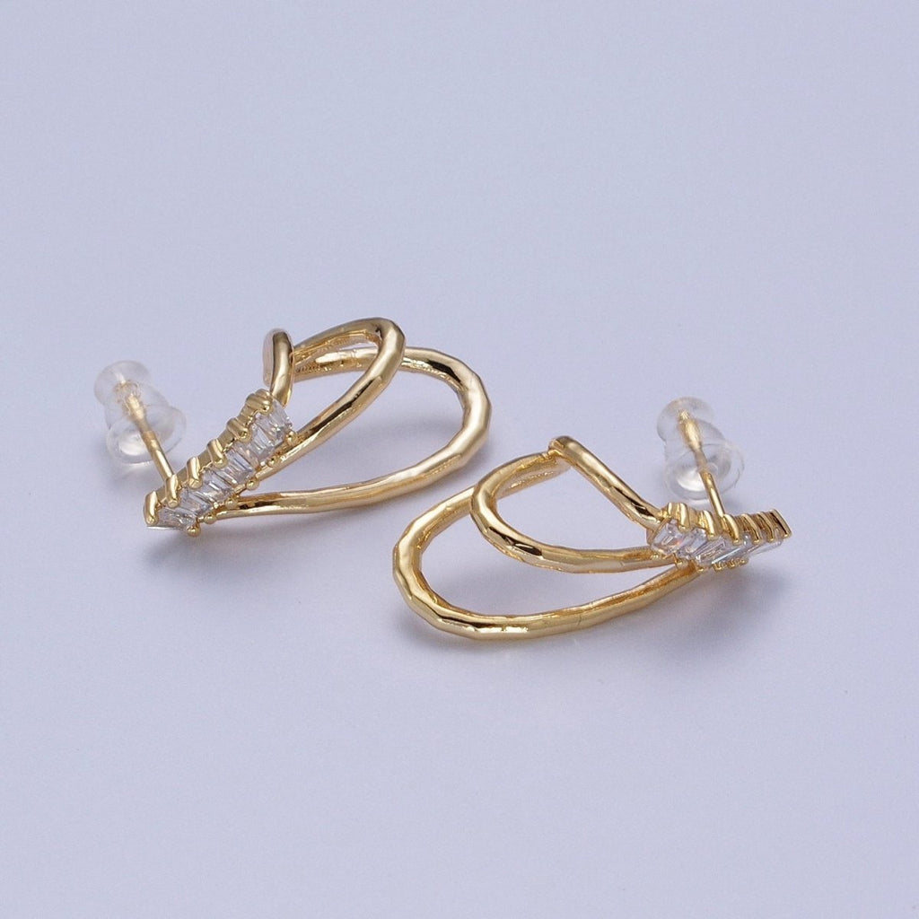 14K Gold plated Baguette Lined Triple Band J-Shaped Stud Earrings Set | AE537 - DLUXCA