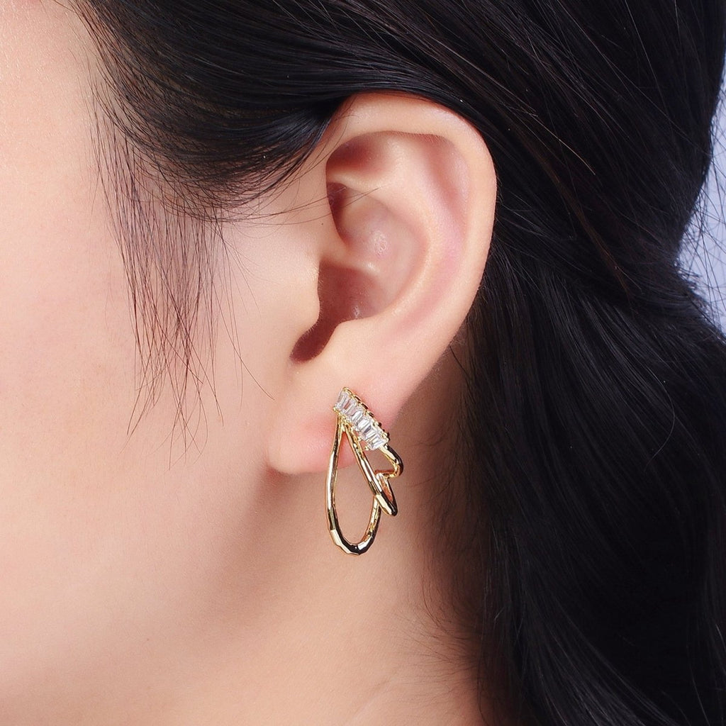 14K Gold plated Baguette Lined Triple Band J-Shaped Stud Earrings Set | AE537 - DLUXCA