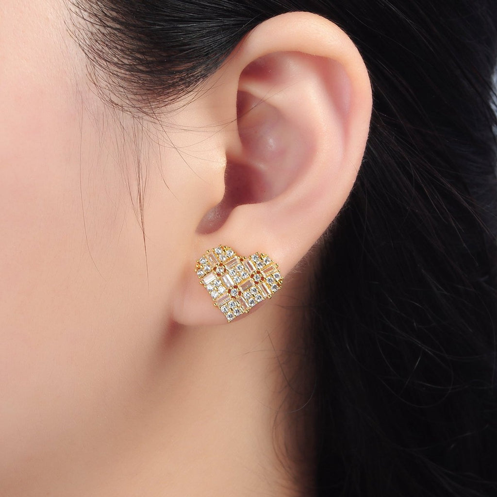 14K Gold plated Baguette Micro Paved CZ Heart Stud Earrings in Gold & Silver | AD596 AD597