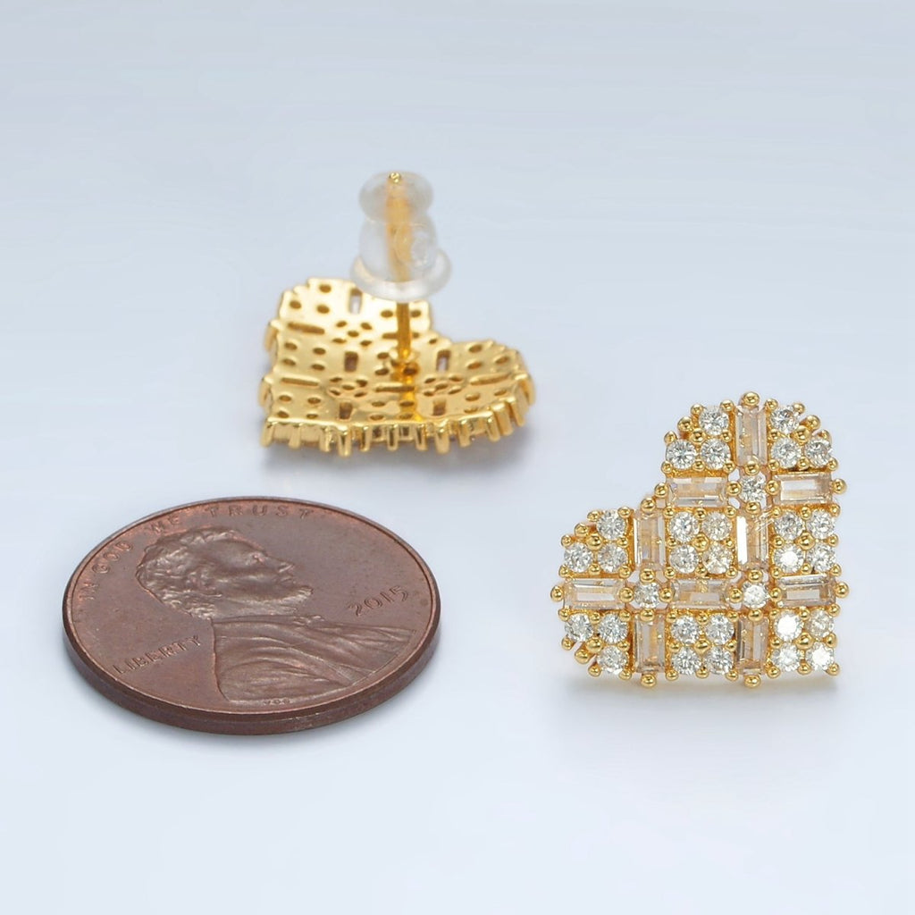 14K Gold plated Baguette Micro Paved CZ Heart Stud Earrings in Gold & Silver | AD596 AD597