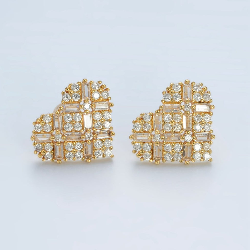 14K Gold plated Baguette Micro Paved CZ Heart Stud Earrings in Gold & Silver | AD596 AD597