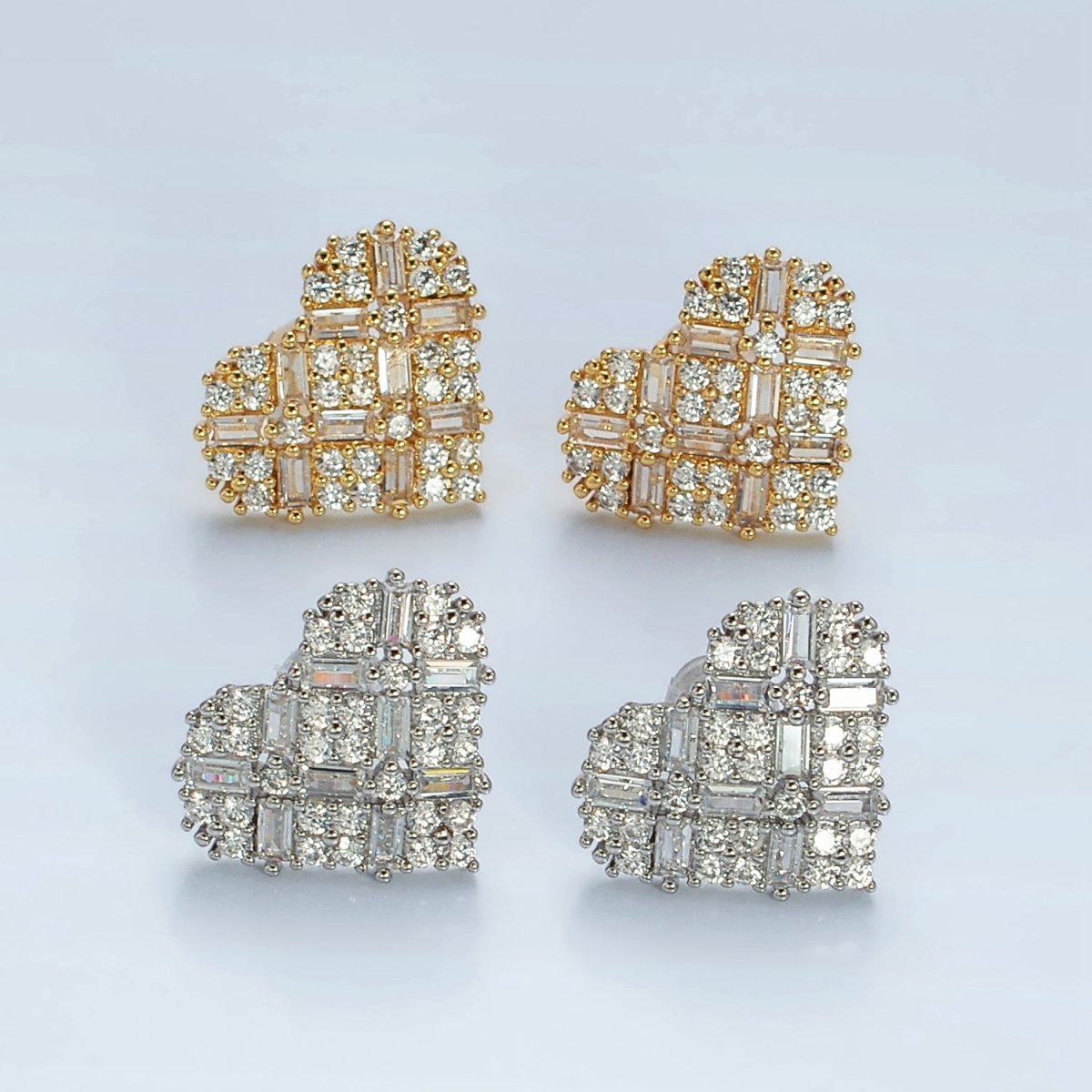 14K Gold plated Baguette Micro Paved CZ Heart Stud Earrings in Gold & Silver | AD596 AD597