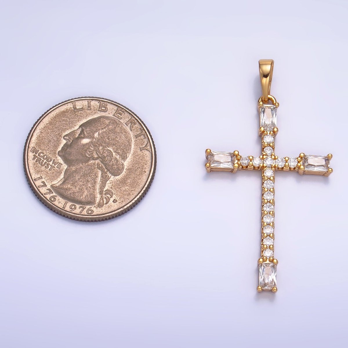 14K Gold plated Baguette Micro Paved CZ Religious Cross Pendant | AA1070 - DLUXCA