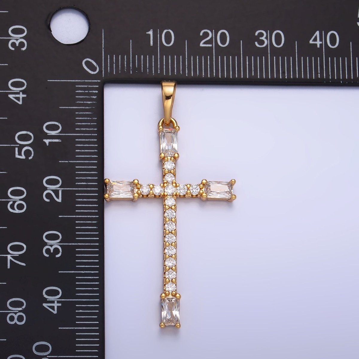 14K Gold plated Baguette Micro Paved CZ Religious Cross Pendant | AA1070 - DLUXCA