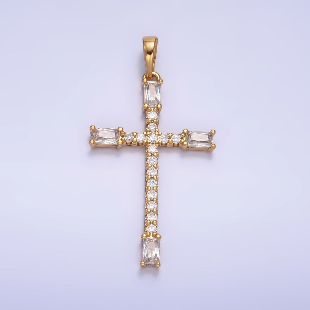14K Gold plated Baguette Micro Paved CZ Religious Cross Pendant | AA1070 - DLUXCA
