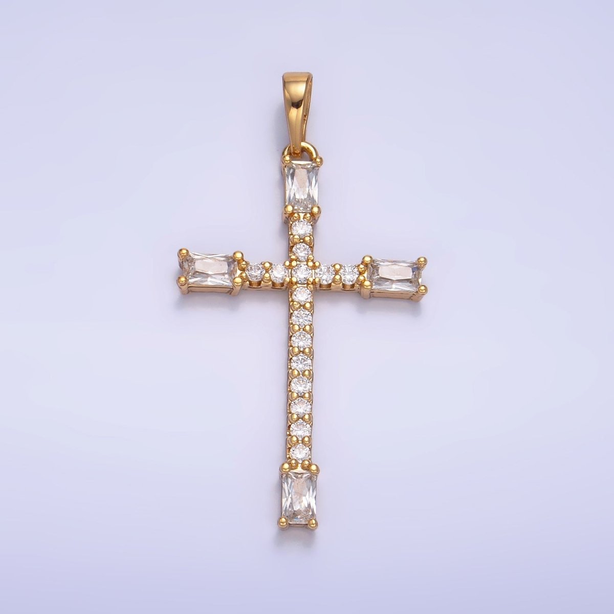 14K Gold plated Baguette Micro Paved CZ Religious Cross Pendant | AA1070 - DLUXCA