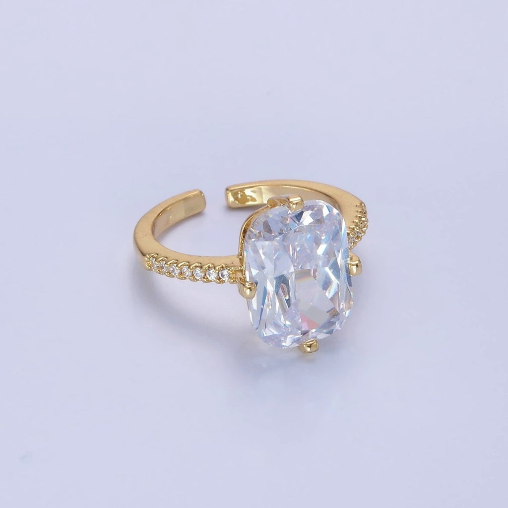 14K Gold plated Baguette Micro Paved CZ Solitaire Ring in Gold & Silver | O1322 O1323 - DLUXCA