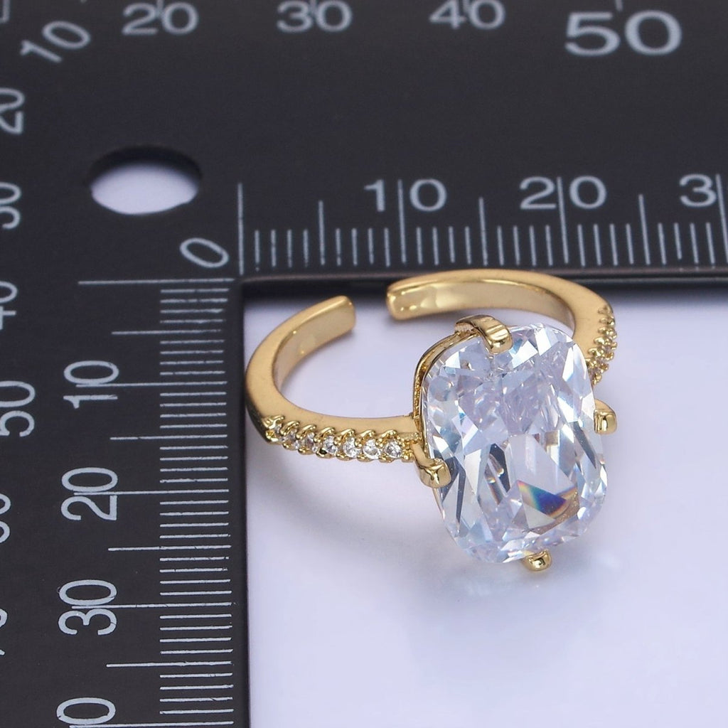 14K Gold plated Baguette Micro Paved CZ Solitaire Ring in Gold & Silver | O1322 O1323 - DLUXCA
