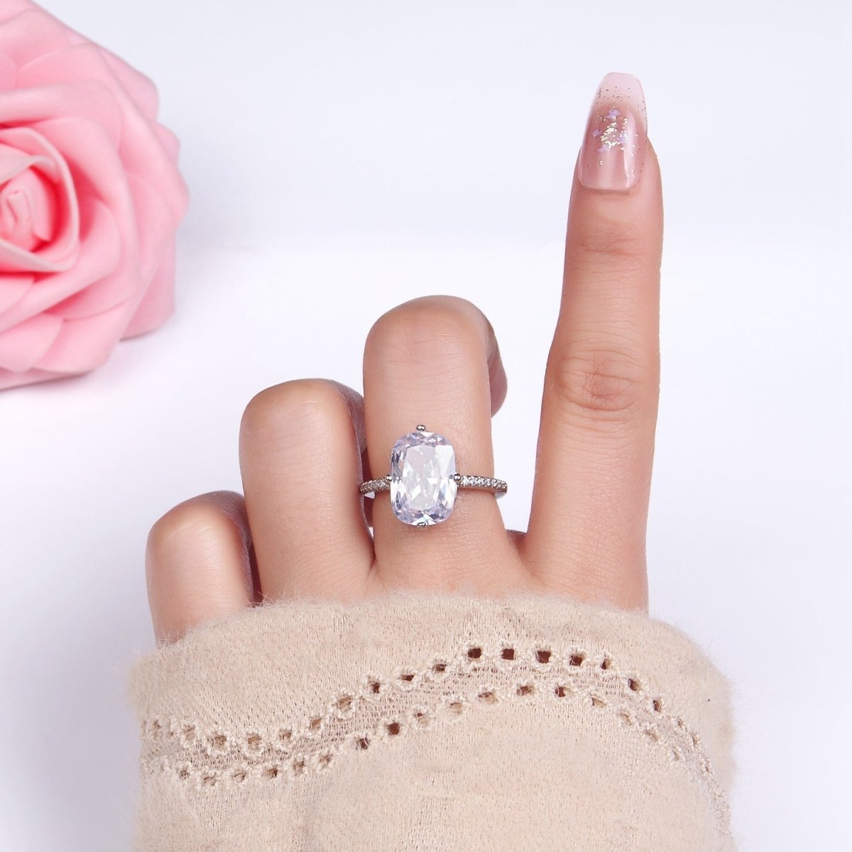 14K Gold plated Baguette Micro Paved CZ Solitaire Ring in Gold & Silver | O1322 O1323 - DLUXCA