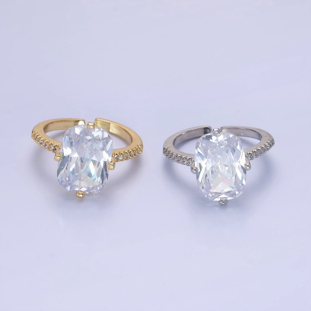 14K Gold plated Baguette Micro Paved CZ Solitaire Ring in Gold & Silver | O1322 O1323 - DLUXCA