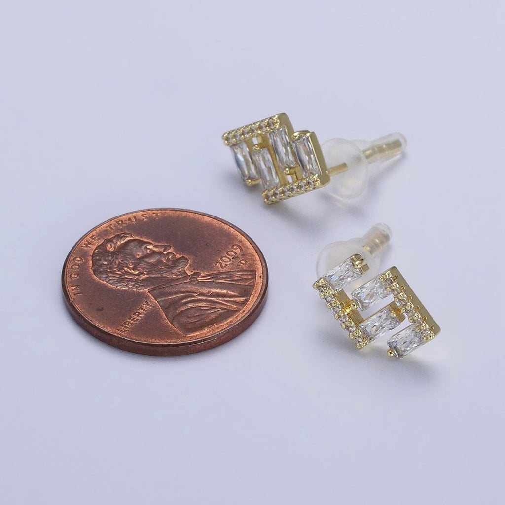 14K Gold plated Baguette Micro Paved Geometric Bar Lined Dainty Stud Earrings | AB163 - DLUXCA