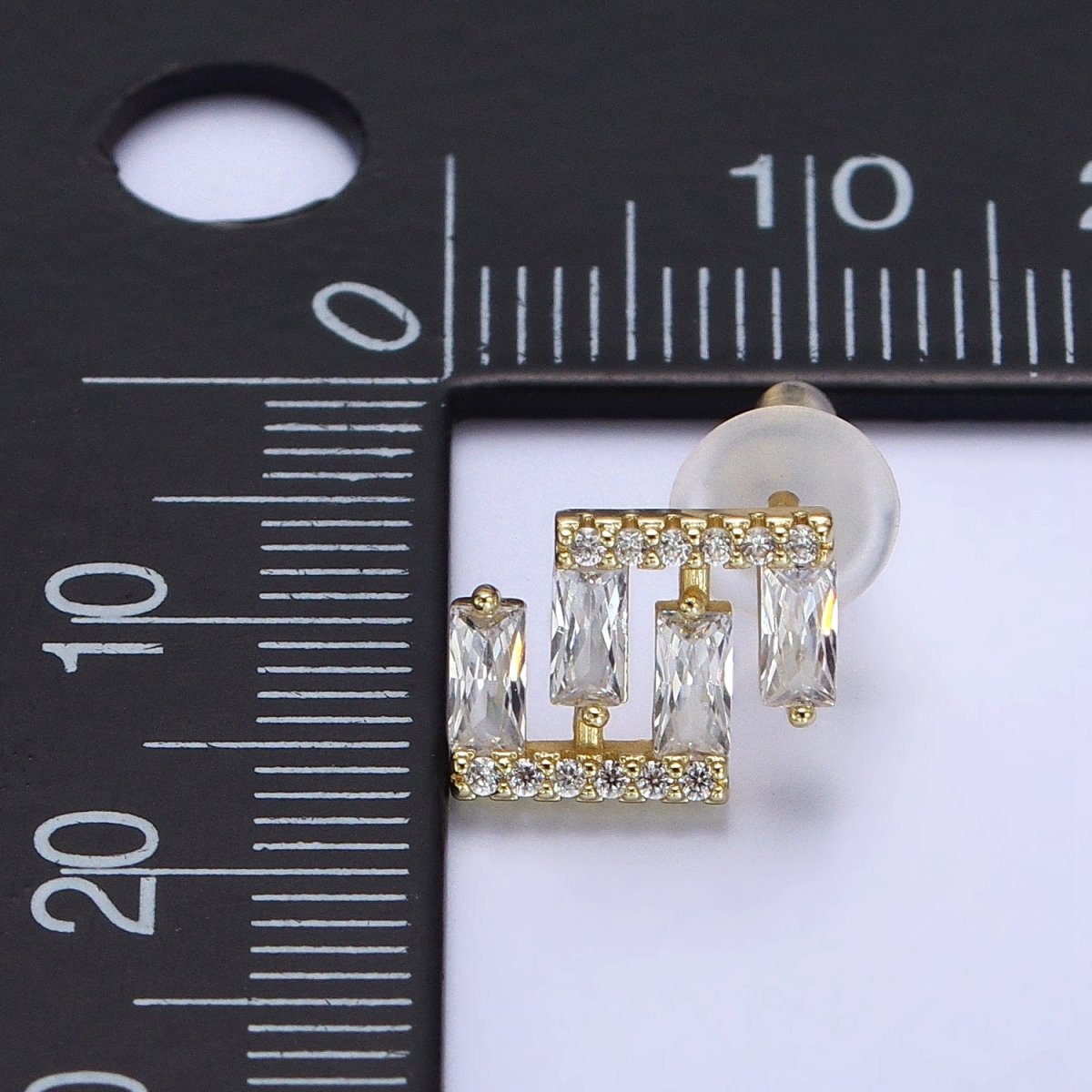 14K Gold plated Baguette Micro Paved Geometric Bar Lined Dainty Stud Earrings | AB163 - DLUXCA