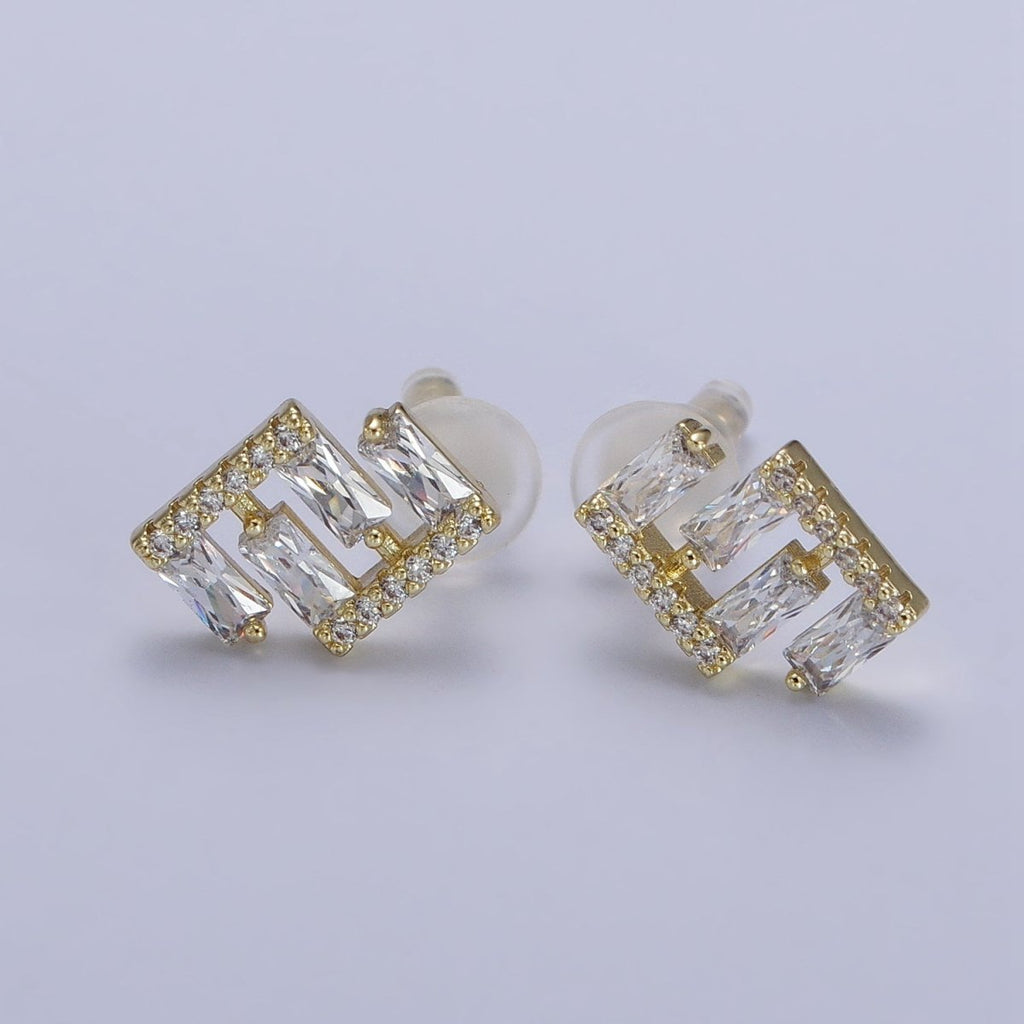 14K Gold plated Baguette Micro Paved Geometric Bar Lined Dainty Stud Earrings | AB163 - DLUXCA