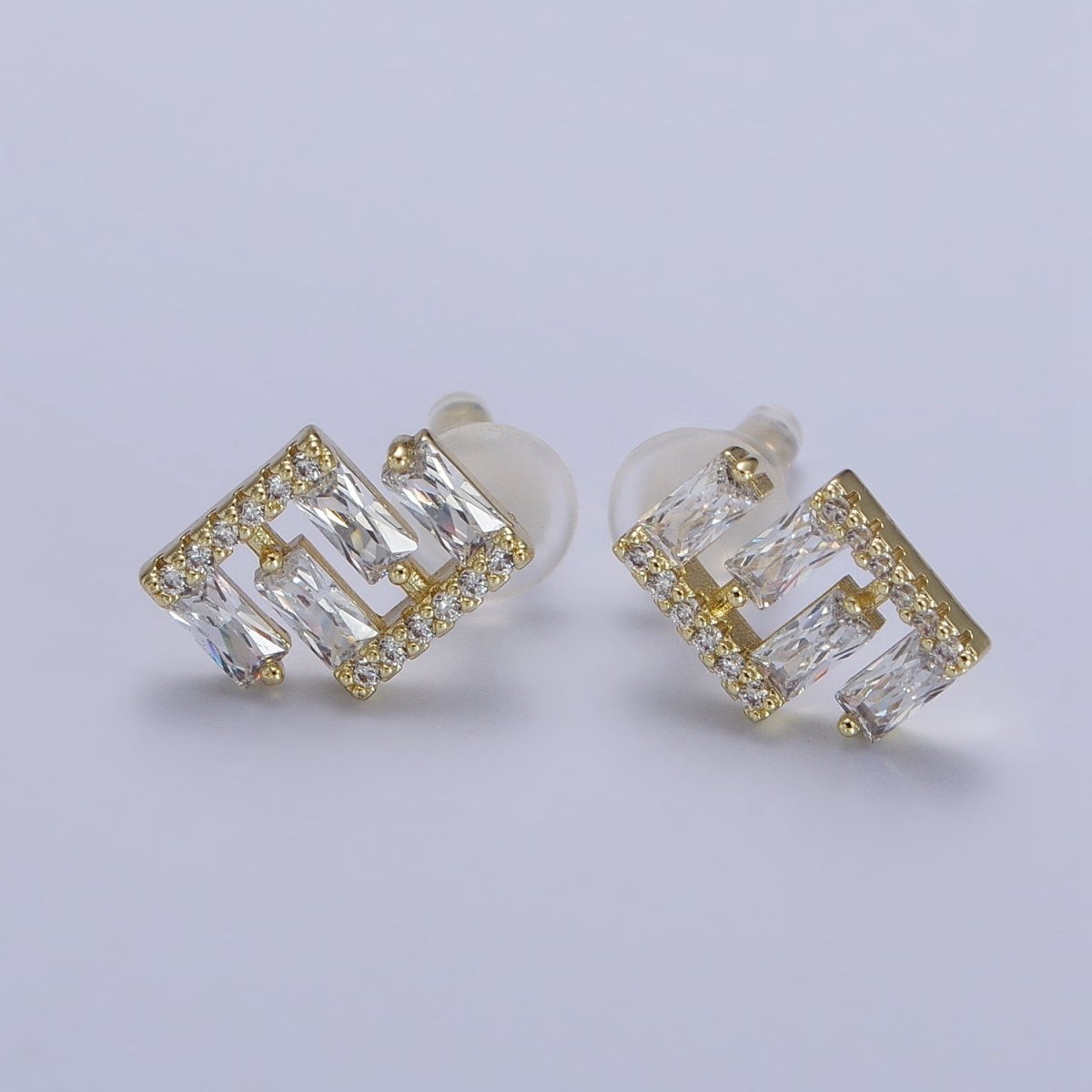 14K Gold plated Baguette Micro Paved Geometric Bar Lined Dainty Stud Earrings | AB163 - DLUXCA