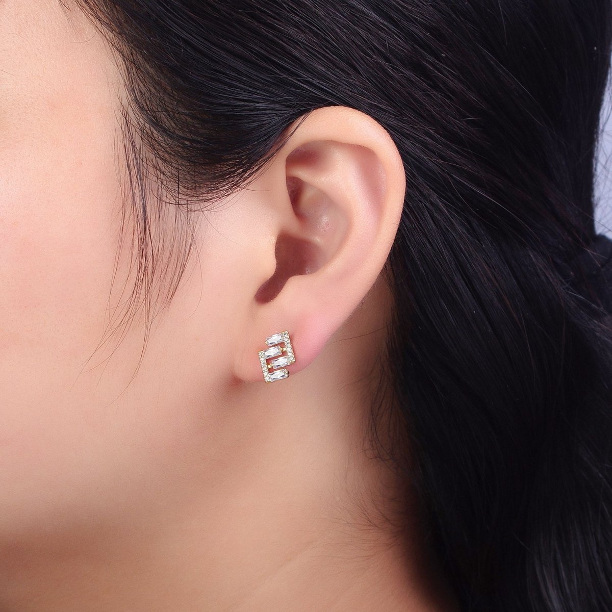 14K Gold plated Baguette Micro Paved Geometric Bar Lined Dainty Stud Earrings | AB163 - DLUXCA