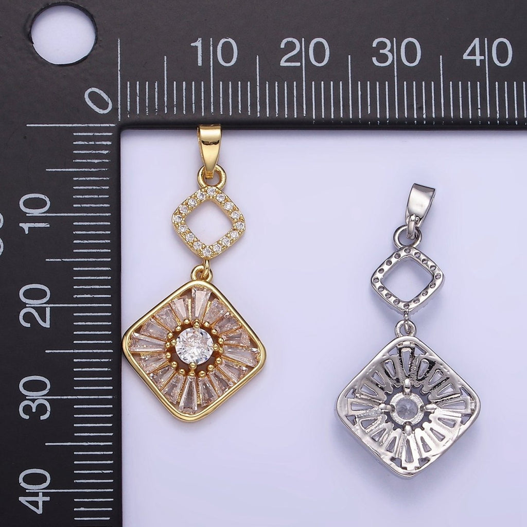 14K Gold plated Baguette Open Rhombus Double Drop Pendant in Gold & Silver | AA1160