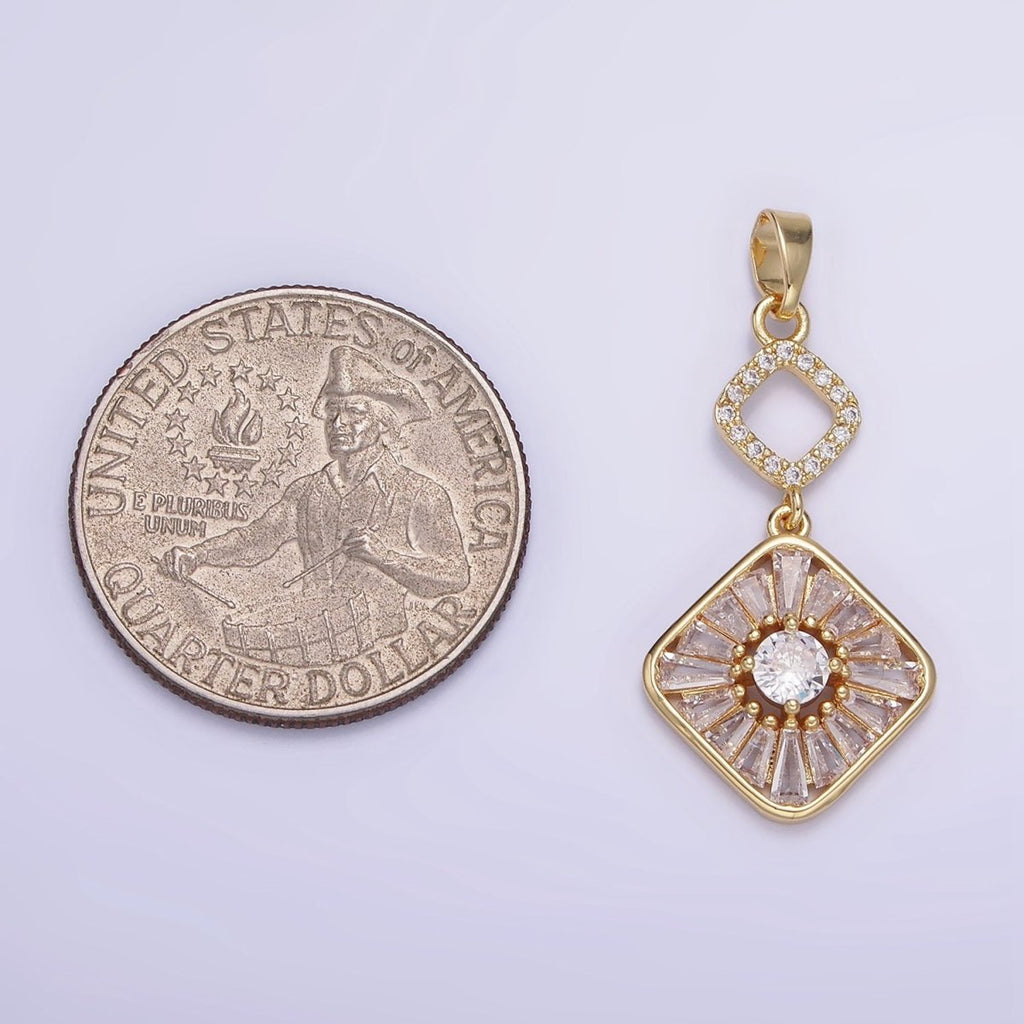 14K Gold plated Baguette Open Rhombus Double Drop Pendant in Gold & Silver | AA1160