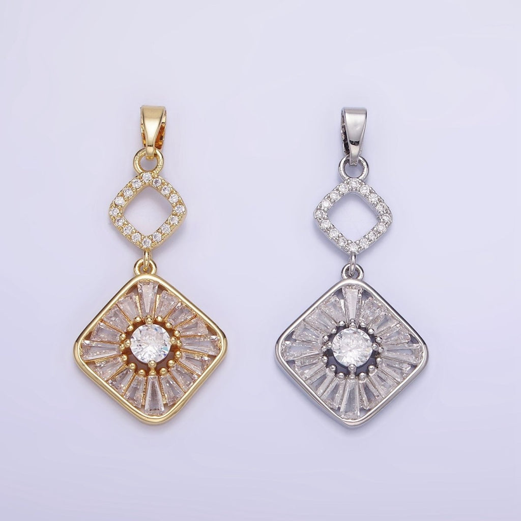 14K Gold plated Baguette Open Rhombus Double Drop Pendant in Gold & Silver | AA1160