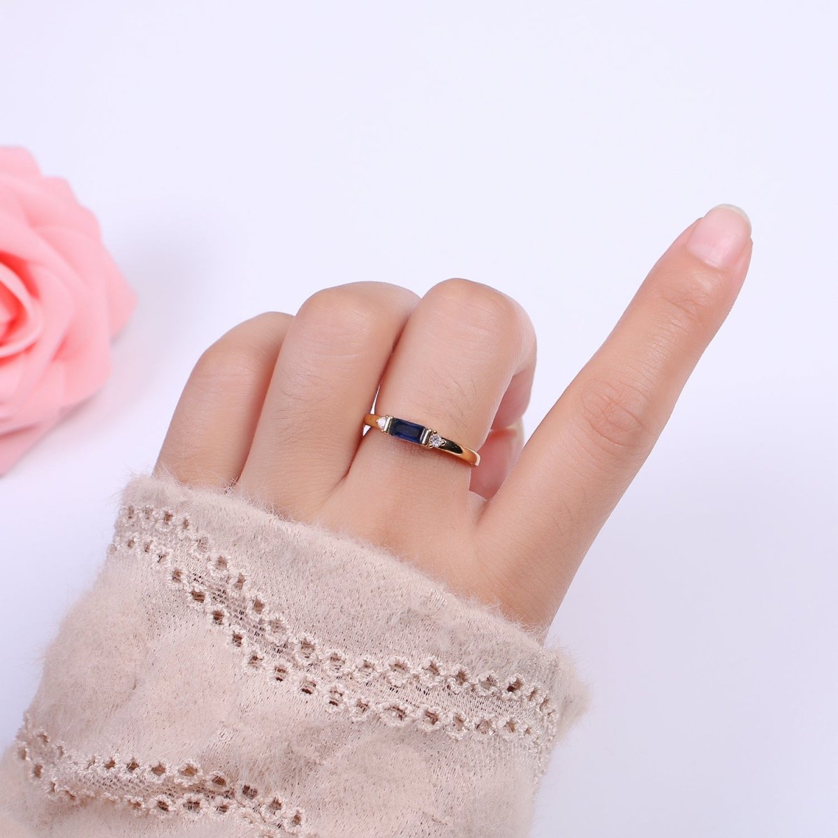 14K Gold plated Baguette Ring / Petite Baguette Engagement Ring / Baguette Solitaire Ring / Dainty Birthstone CZ Ring U-163 ~ U-168