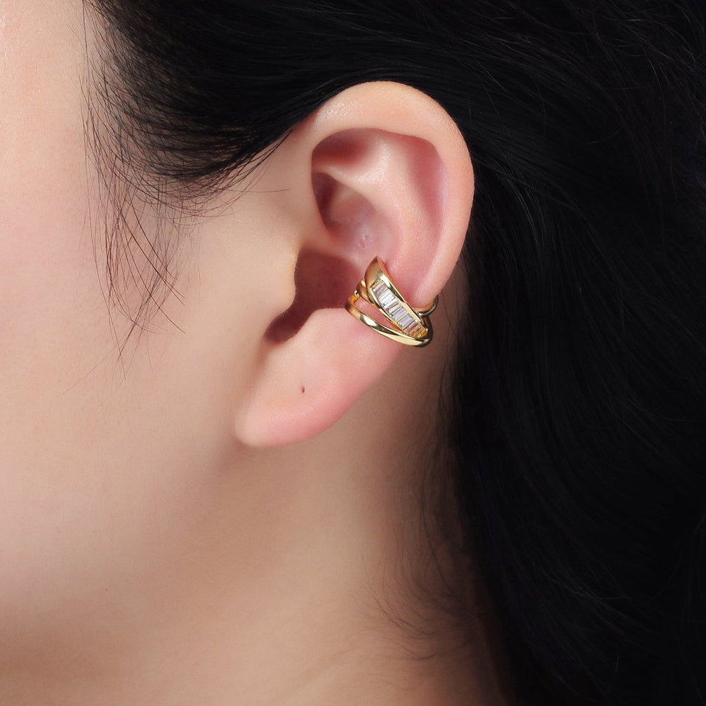 14K Gold plated Baguette Triple Band Lined Ear Cuff Earrings | AI161 - DLUXCA