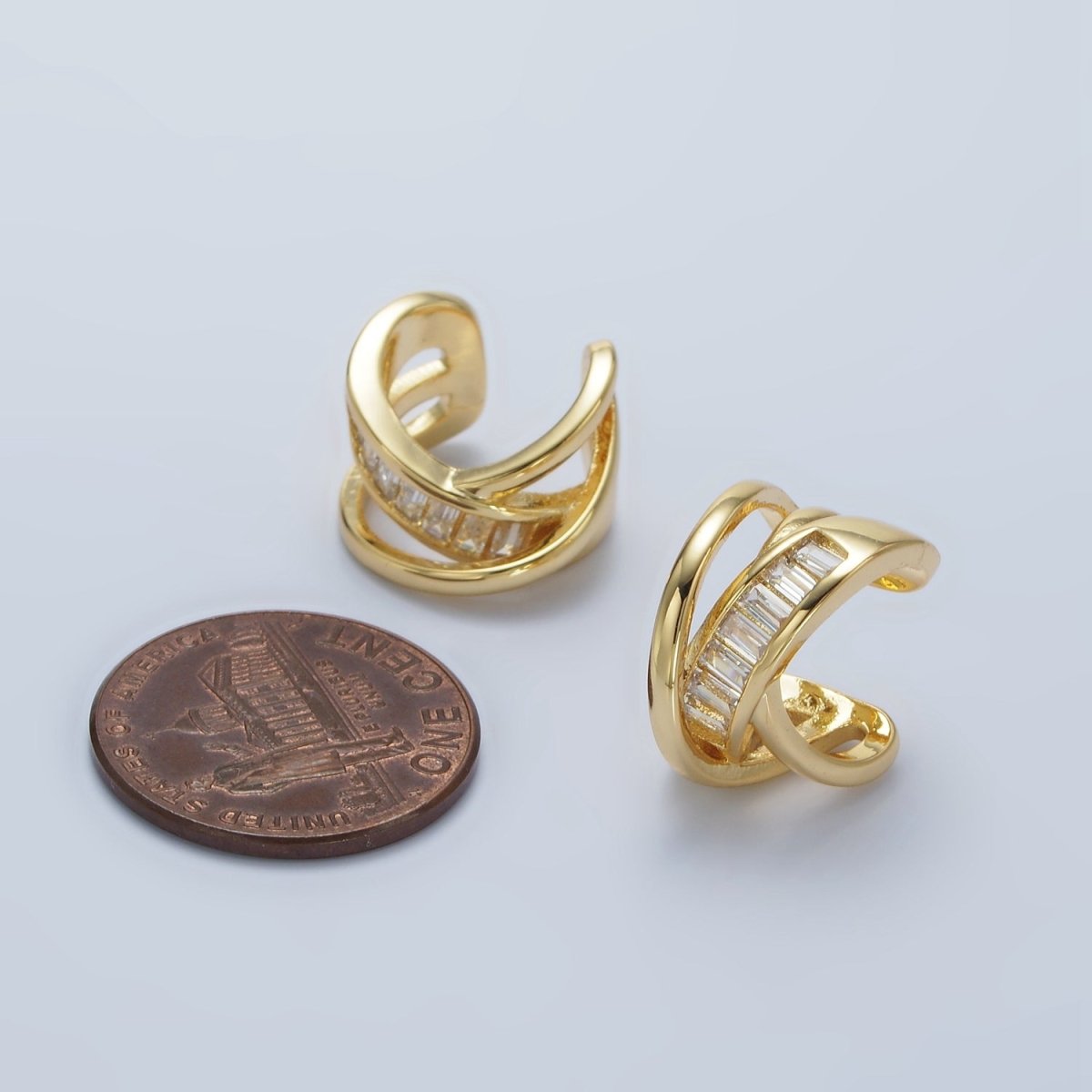 14K Gold plated Baguette Triple Band Lined Ear Cuff Earrings | AI161 - DLUXCA