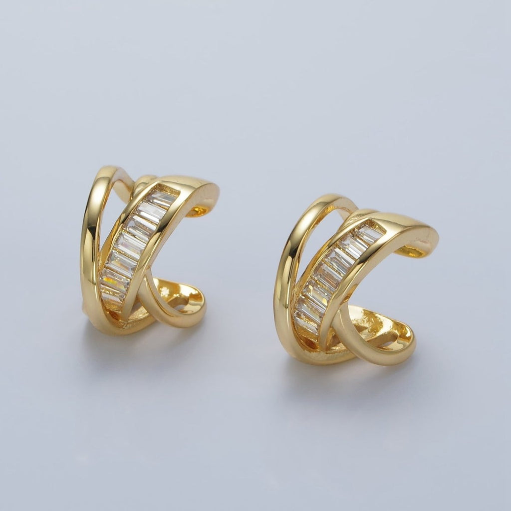 14K Gold plated Baguette Triple Band Lined Ear Cuff Earrings | AI161 - DLUXCA