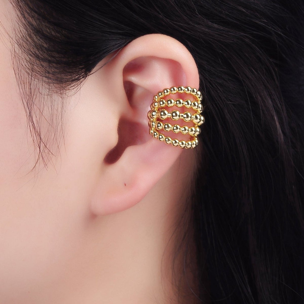 14K Gold plated Beaded Bubble Multiple Band Wide Ear Cuff Earrings | AI156 - DLUXCA