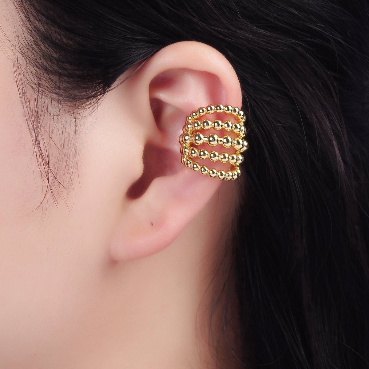 14K Gold plated Beaded Bubble Multiple Band Wide Ear Cuff Earrings | AI156 - DLUXCA