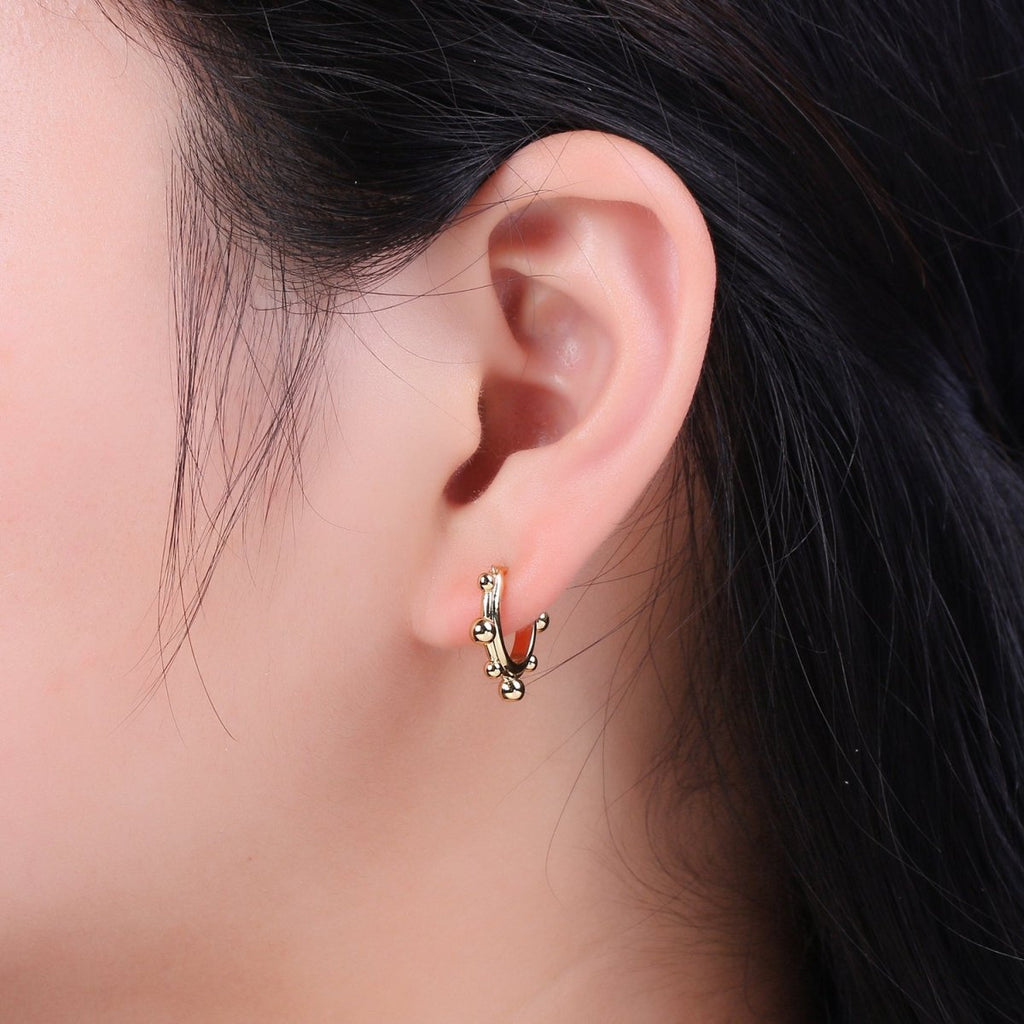 14K Gold plated Beaded Bubble Outline Latch Hoop Earrings in Gold & Silver | T-276 T-277 - DLUXCA