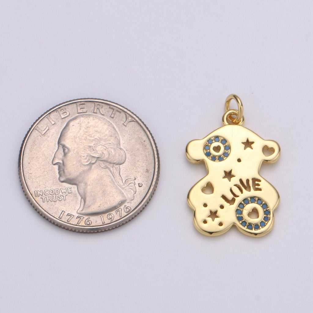 14k Gold plated Bear Pendant,Love Pendant, Blue Cubic paved Earing DIY, Panda Charm, Love Charm, Teddy Bear Charm, Friendship Charm D-206 - DLUXCA
