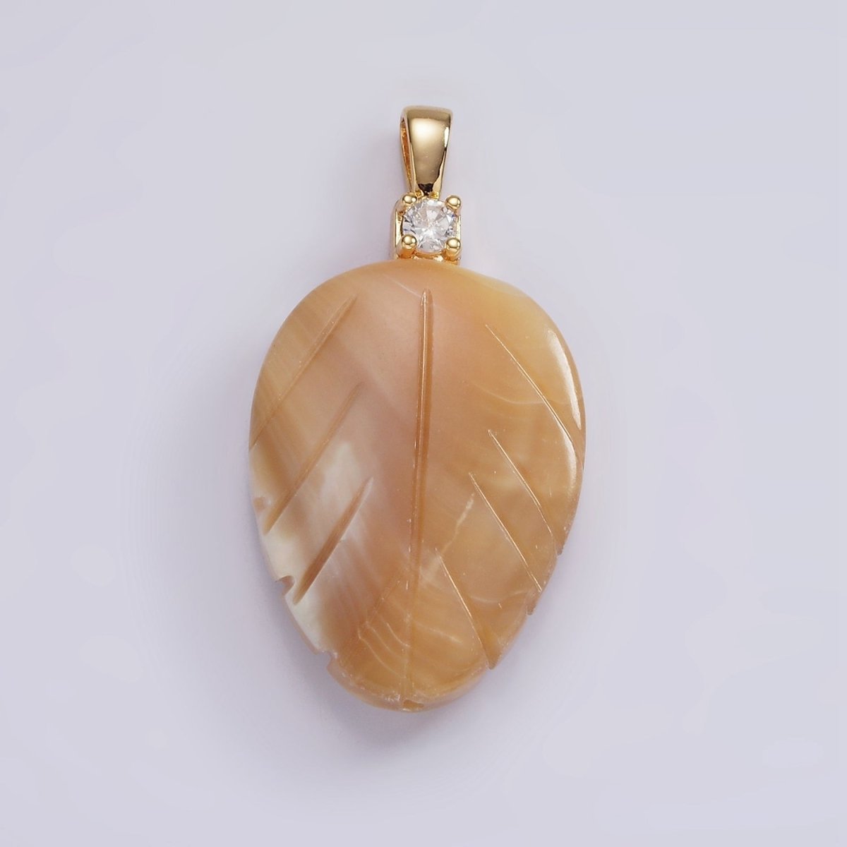 14K Gold plated Beige Brown Leaf Feather Shell Pearl CZ Pendant | P1665 - DLUXCA