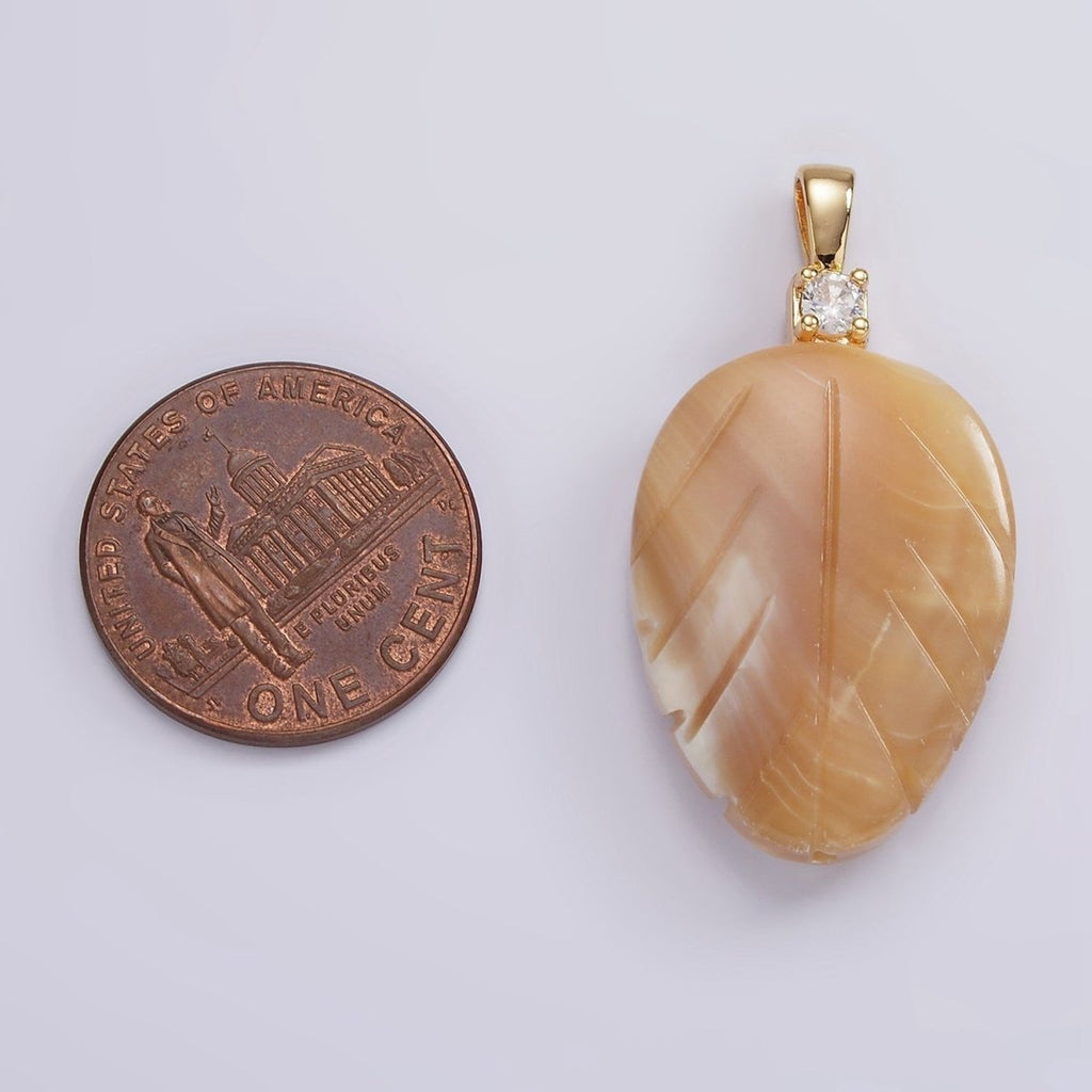 14K Gold plated Beige Brown Leaf Feather Shell Pearl CZ Pendant | P1665 - DLUXCA