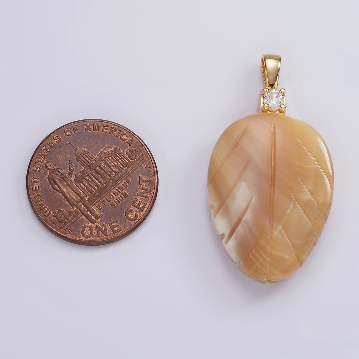 14K Gold plated Beige Brown Leaf Feather Shell Pearl CZ Pendant | P1665 - DLUXCA