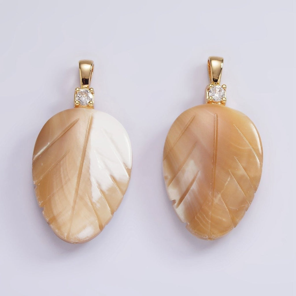 14K Gold plated Beige Brown Leaf Feather Shell Pearl CZ Pendant | P1665 - DLUXCA