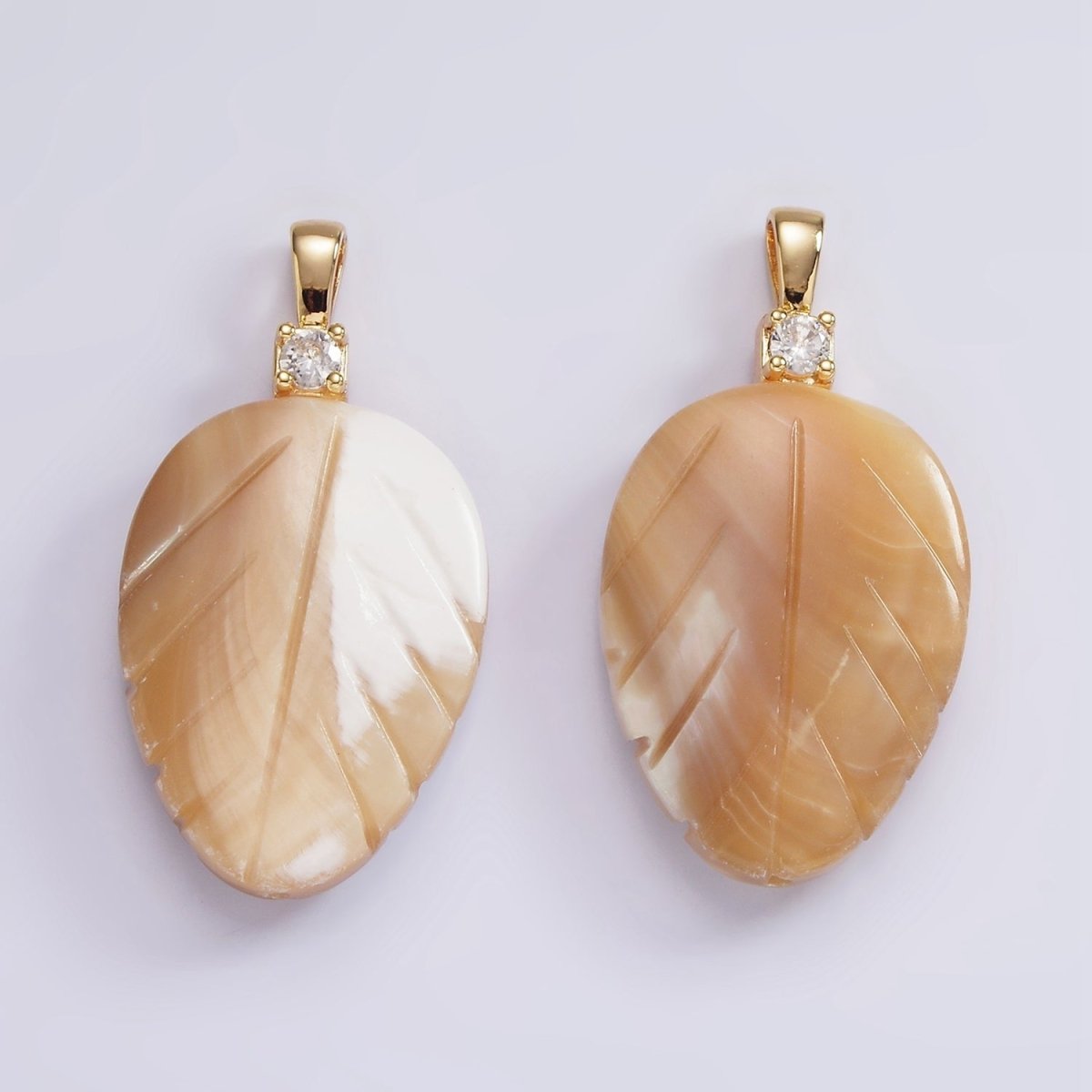 14K Gold plated Beige Brown Leaf Feather Shell Pearl CZ Pendant | P1665 - DLUXCA