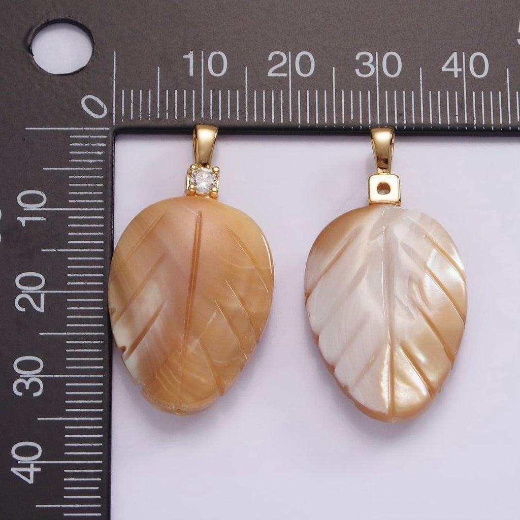 14K Gold plated Beige Brown Leaf Feather Shell Pearl CZ Pendant | P1665 - DLUXCA