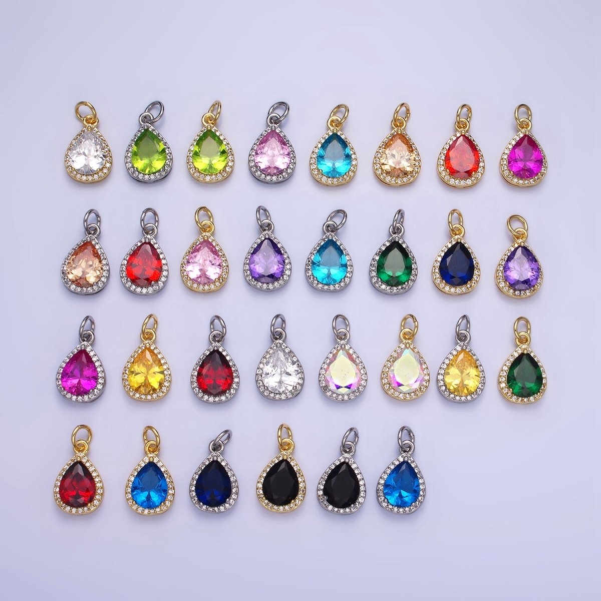 14K Gold plated Birthstone CZ Micro Paved Teardrop Charm in Gold & Silver | W696 - W703 - DLUXCA