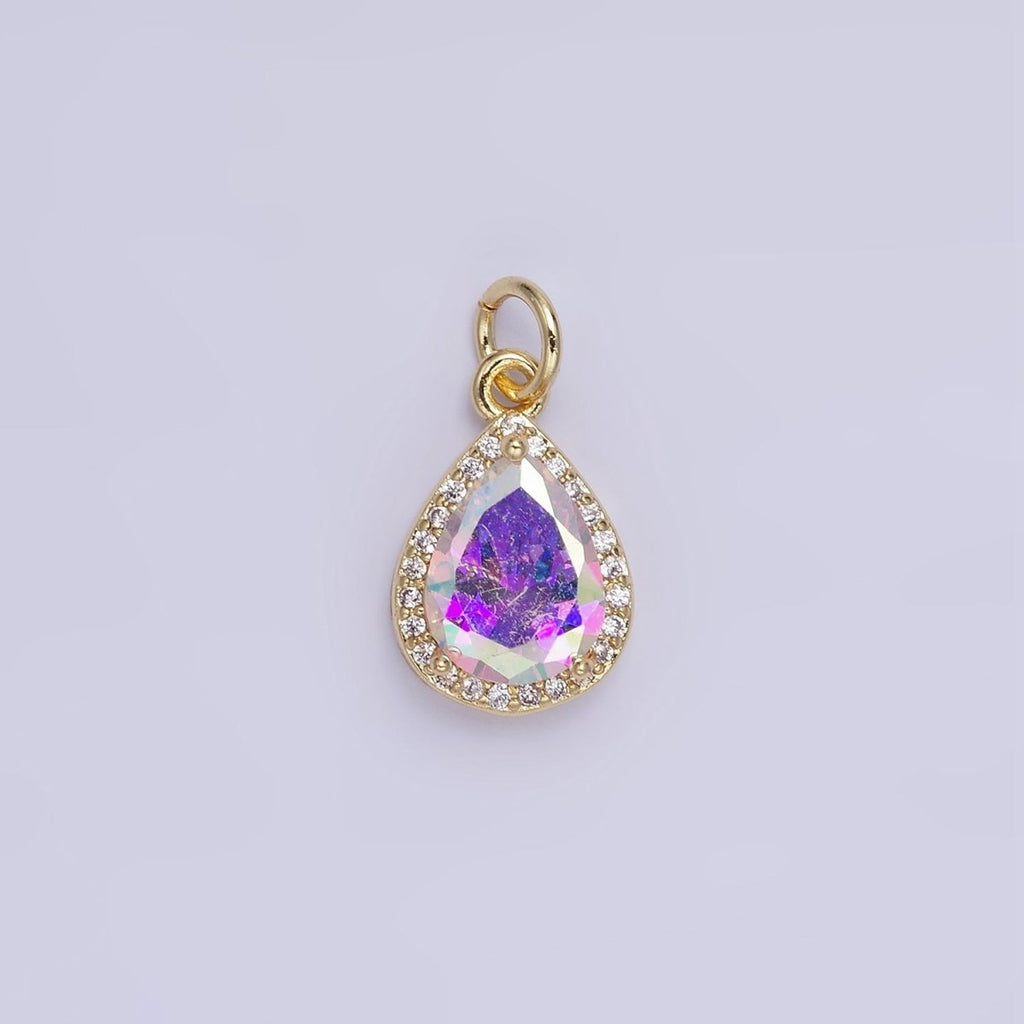 14K Gold plated Birthstone CZ Micro Paved Teardrop Charm in Gold & Silver | W696 - W703 - DLUXCA