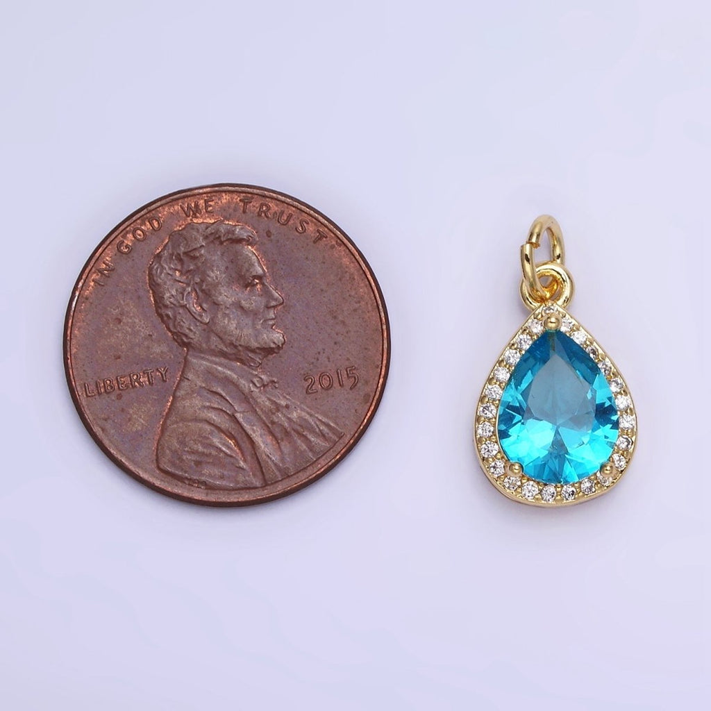 14K Gold plated Birthstone CZ Micro Paved Teardrop Charm in Gold & Silver | W696 - W703 - DLUXCA
